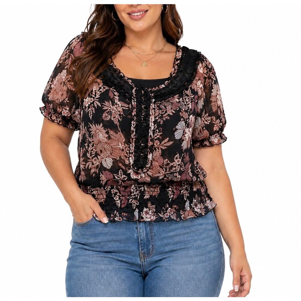 American Rag 2X Sheer Floral Chiffon Blouse Black Pink Ruffle Trim Boho Top